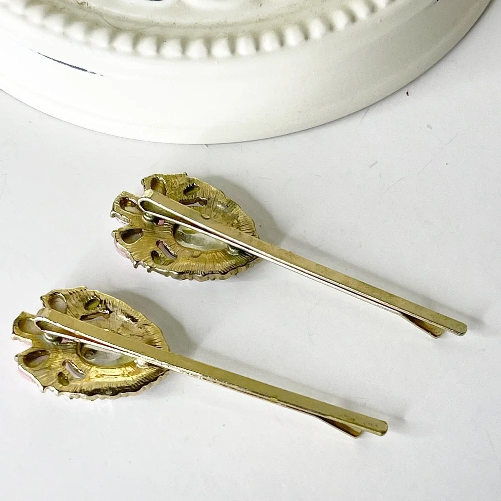 Vintage Y2K Large Rhinestone Bobby Pins Pink Bead Gold Metal Glam Coquette 90s